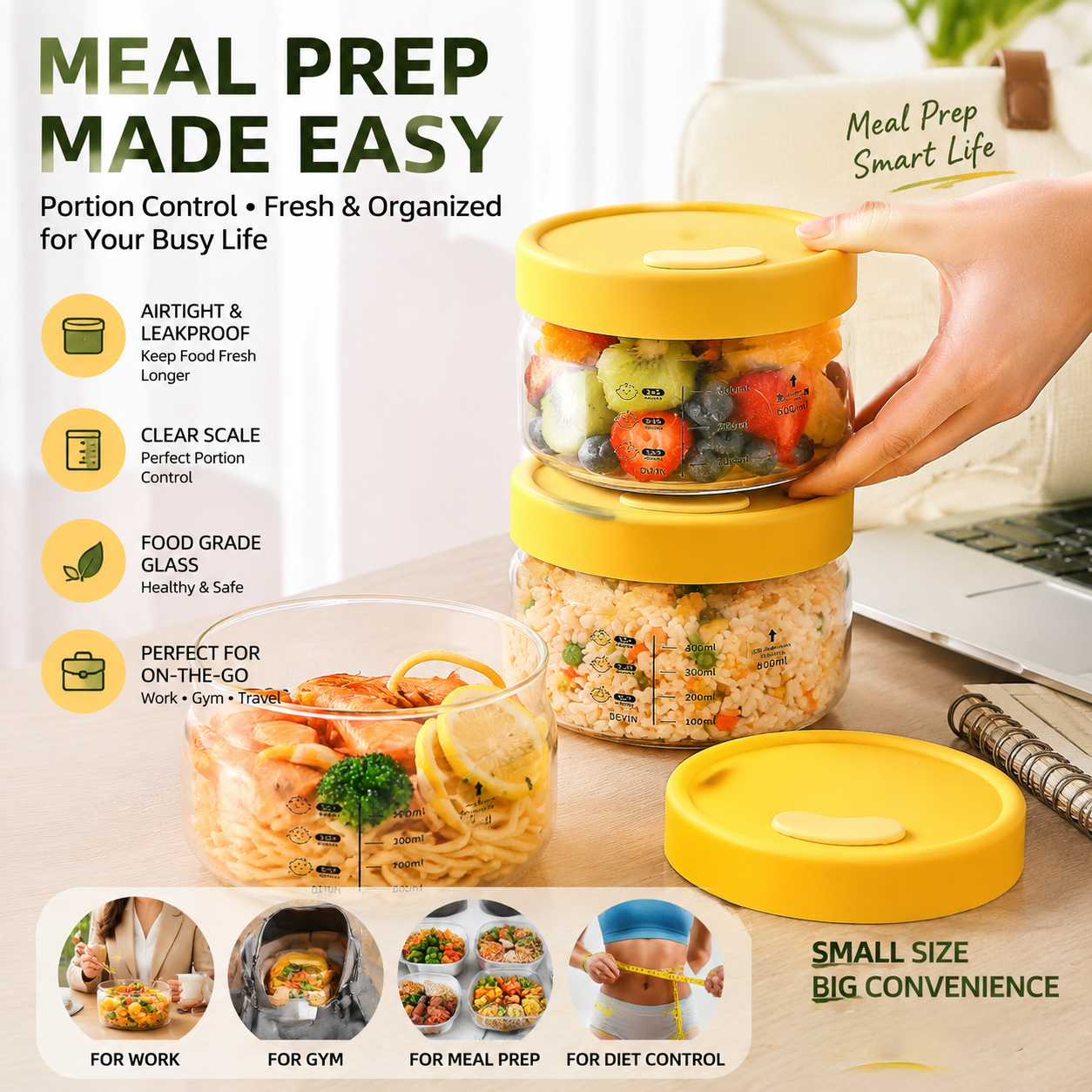 Meal Prep Jars With Lids - Borosilicate Glass Food Storage Containers with