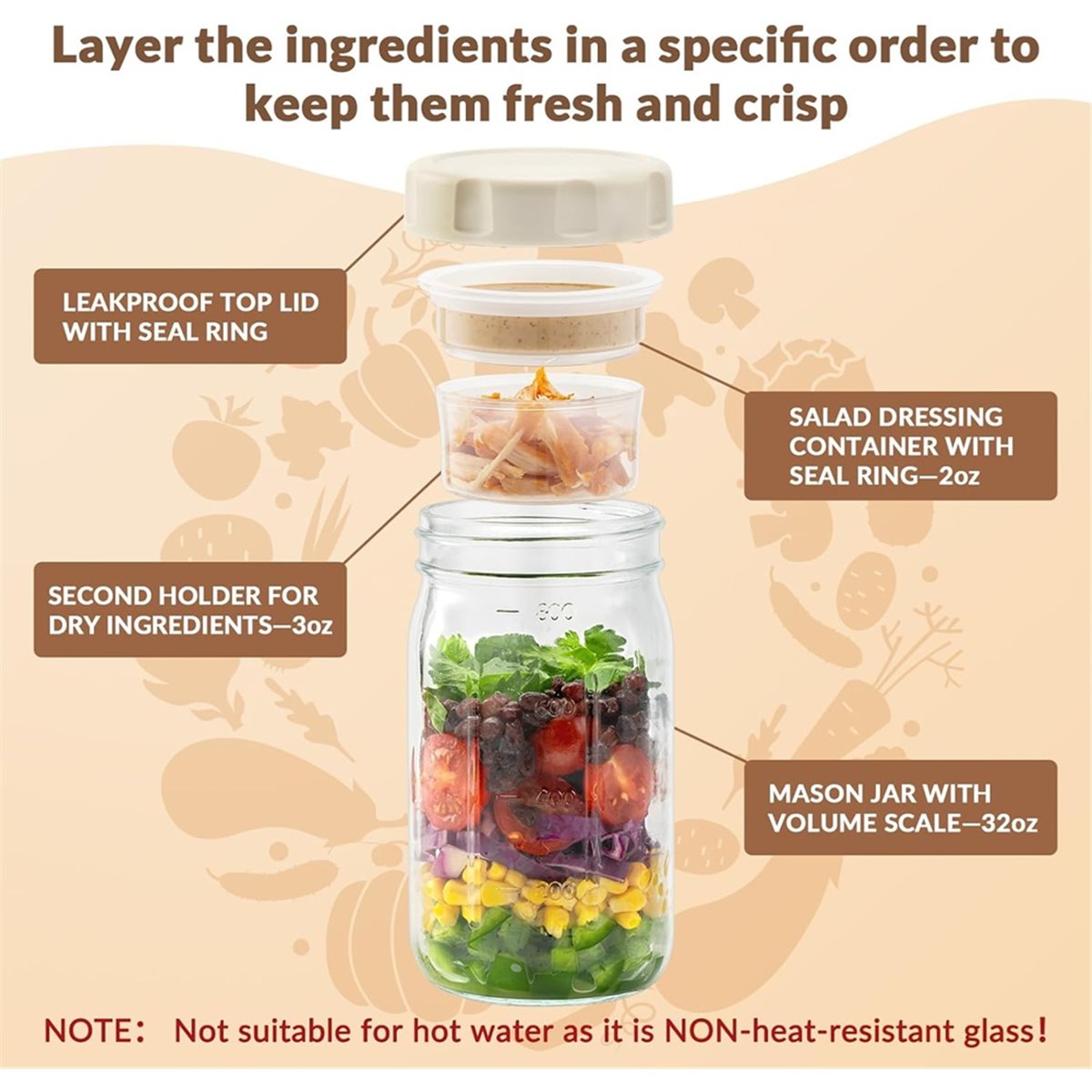 Meal Prep Jars With Lids - A67T NEW 4 Pack Glass Salad