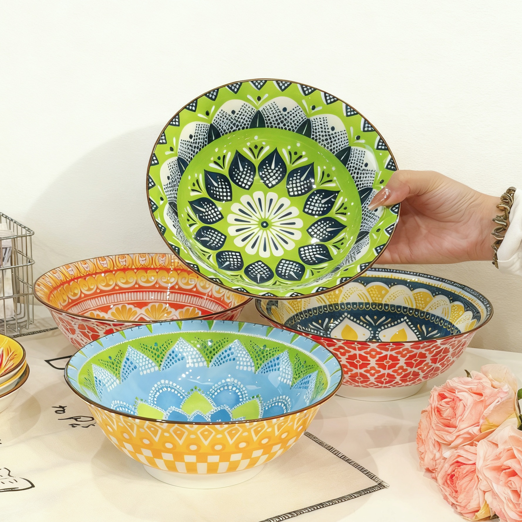 Meal Prep Microwave - 1/4-Piece Bohemian Ceramic Soup Bowl Set,