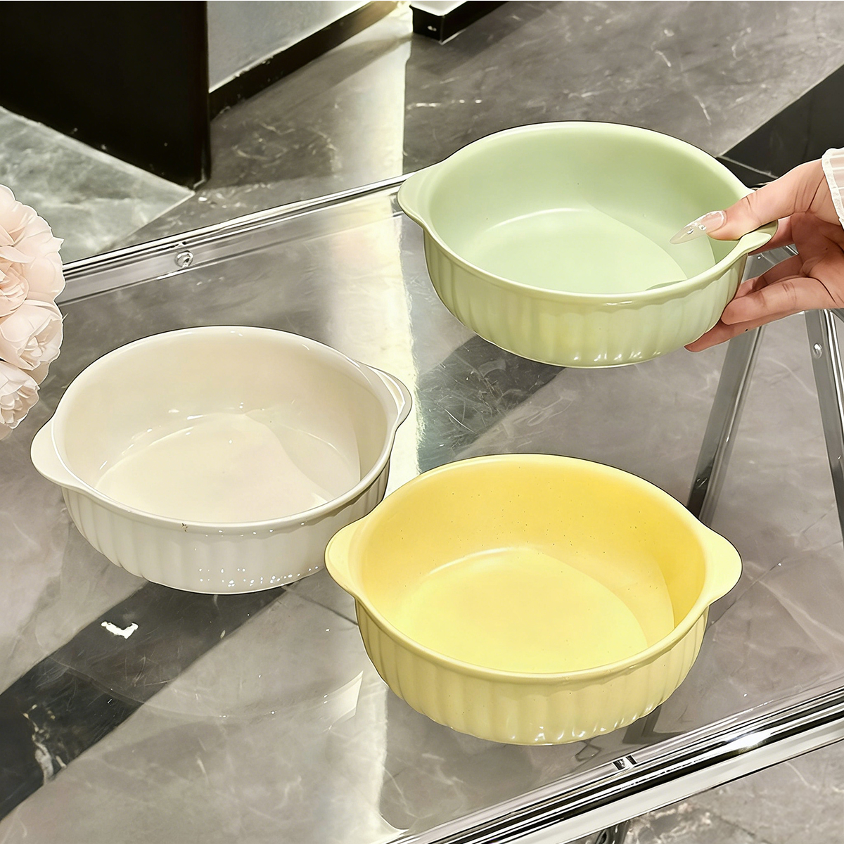 Meal Prep Microwave - One Double-Ear Ceramic Bowl, Oven, Microwave